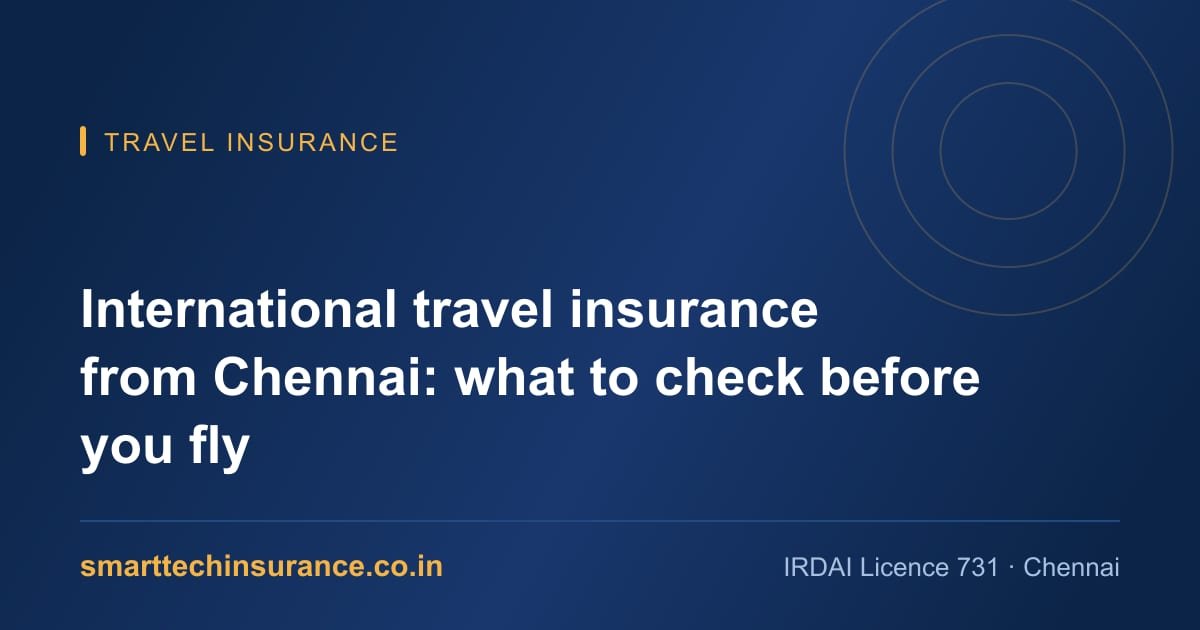Traveller checking an international travel insurance policy before a flight from Chennai